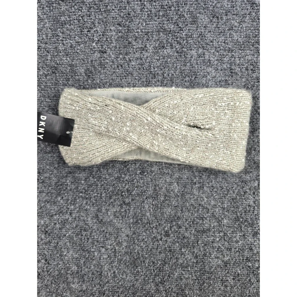 DKNY Fleece-Lined Headband Twist Metallic Knit Grey Ear Warmer for Winter
